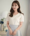 レディース/トップス/Tシャツ/カットソー/半袖/3分袖/Vネック/夏/春/秋/大人/エレガント/フェミニン/可愛い/ピンクベージュ/ホワイト/刺繍/パール