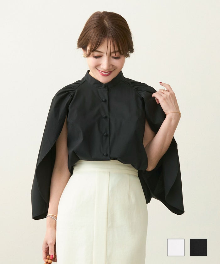 手洗い可 ブラウス レディース おしゃれ オフィス 白黒 春 秋 襟なし エレガント 可愛い ガールズ シャツ かわいい ジョイントスペース ポンチョ風 ブラウス  Liala×PG