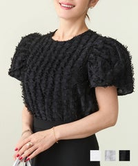 ブラウスレディースおしゃれオフィス白黒春秋襟なしエレガント可愛い生地素材おすすめ半袖ガールズグレーシルバージョイントスペース テープヤーン パフスリーブ ショート丈 ブラウス 半袖 Liala×PG