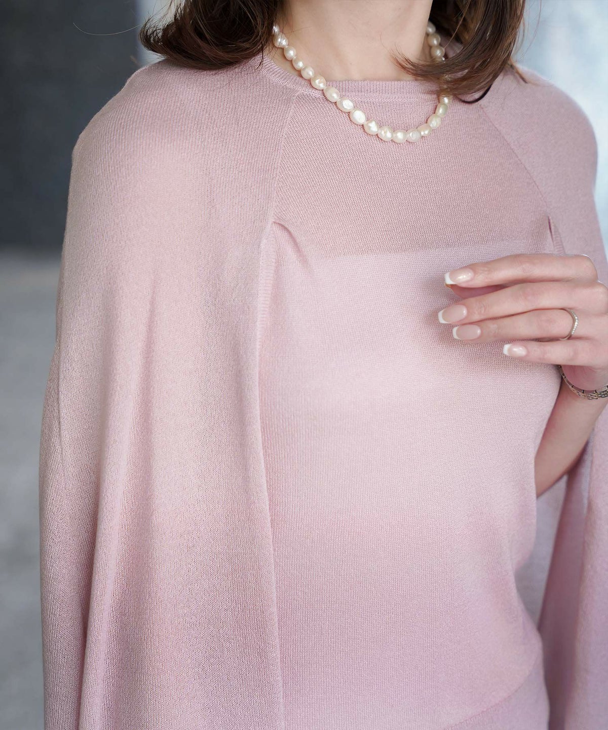 トップス/ラメ/ケープ/ニット/ベージュ×ブラック/ブラック×ホワイト/ネイビー/ピンクベージュ/ベージュ/ピンク/杢グレー/ブラック/M