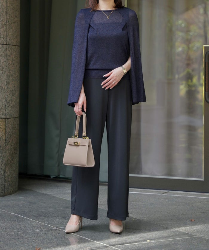 トップス/ラメ/ケープ/ニット/ベージュ×ブラック/ブラック×ホワイト/ネイビー/ピンクベージュ/ベージュ/ピンク/杢グレー/ブラック/M