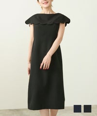 手洗い可  ワンピース 春 夏 レディース おしゃれ かわいい 黒 スカラップ 人気 服 ネック デザイン ジョイントスペース スカラップ ケープネック ワンピース Liala×PG