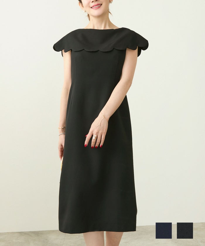 手洗い可  ワンピース 春 夏 レディース おしゃれ かわいい 黒 スカラップ 人気 服 ネック デザイン ジョイントスペース スカラップ ケープネック ワンピース Liala×PG