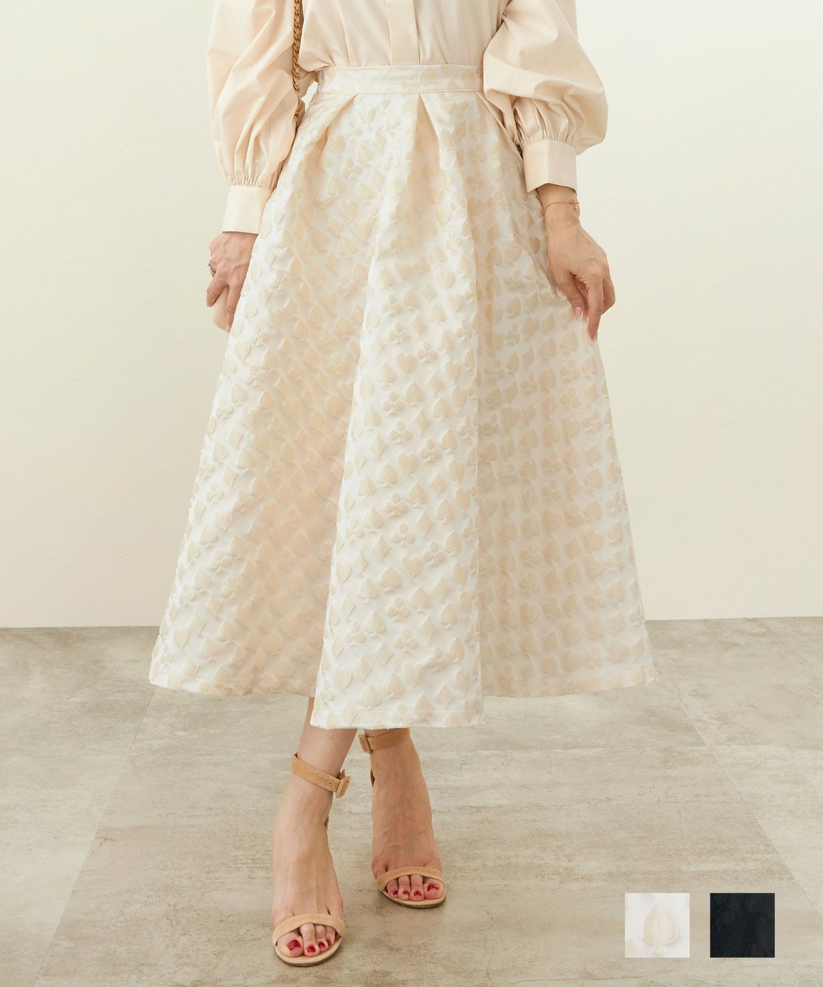 手洗い可 スカート ロング 2024 素材 生地 おすすめ エレガント かわいい おしゃれ 女の子 ジャガード フレア 長い 春 ジョイントスペース トランプ柄 タック フレア スカート Liala×PG