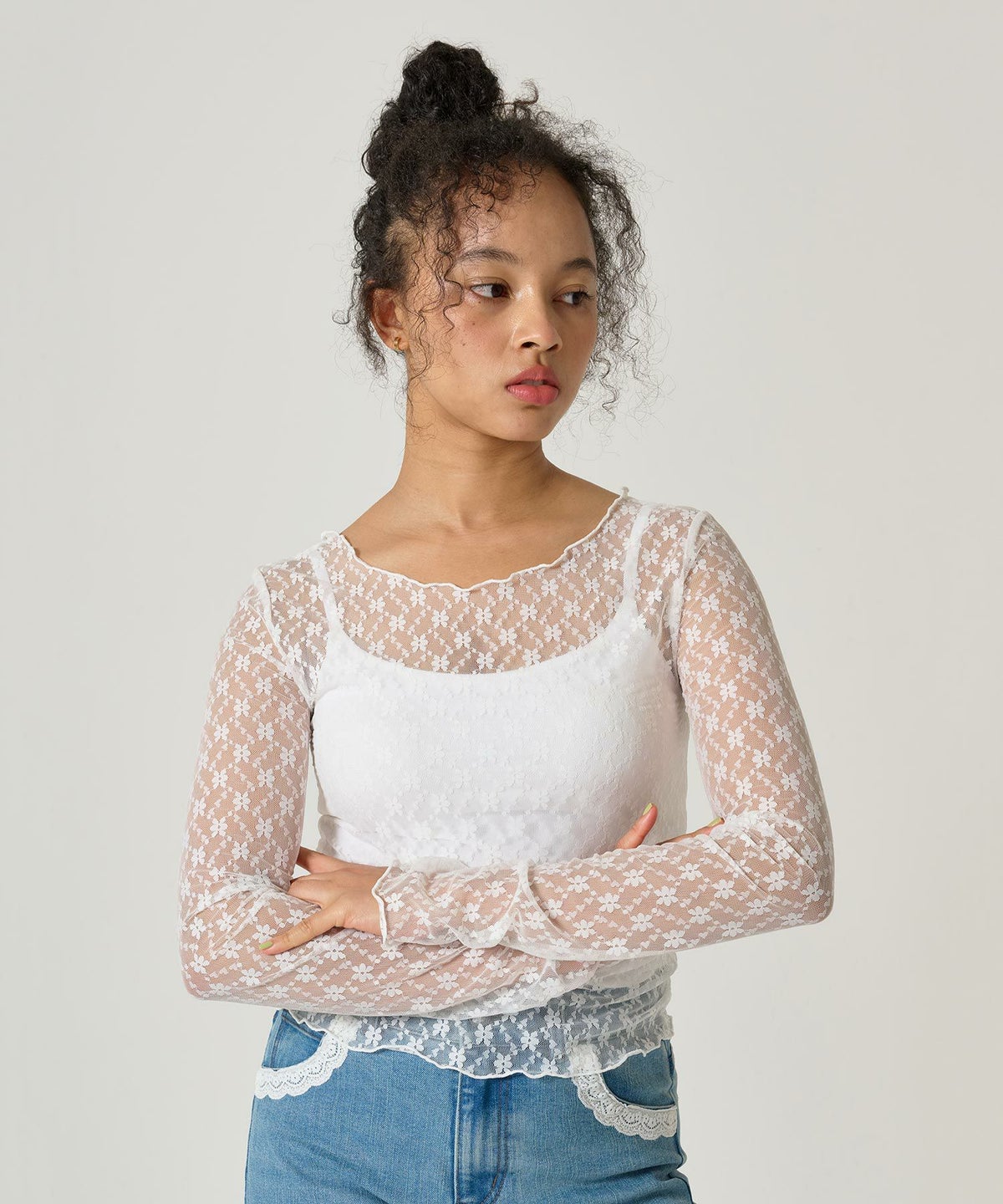 トップス/シアー/レースカット/花柄/メロウ