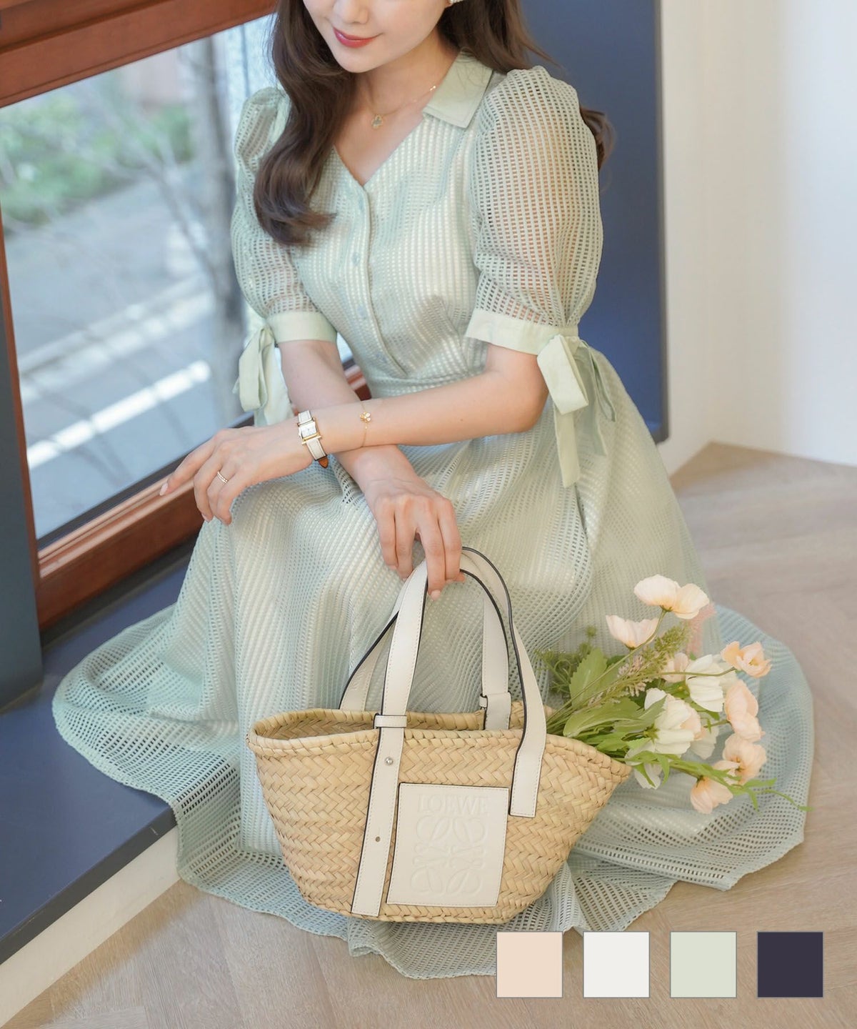 ワンピース レース 袖リボン 開襟 フェミニン 袖リボン レース ワンピース le reve vaniller