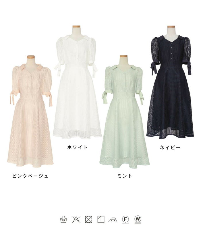 レディース/ワンピース/レース/袖リボン/開襟/フレアワンピース/清涼感/オケージョン/結婚式/アフタヌーンティー/上品/エレガント/フェミニン/可愛い/春/夏/シャツ襟/半袖/異素材/ピンクベージュ/ホワイト/ミント/ネイビー/新色/人気/彼ママ/お食事会