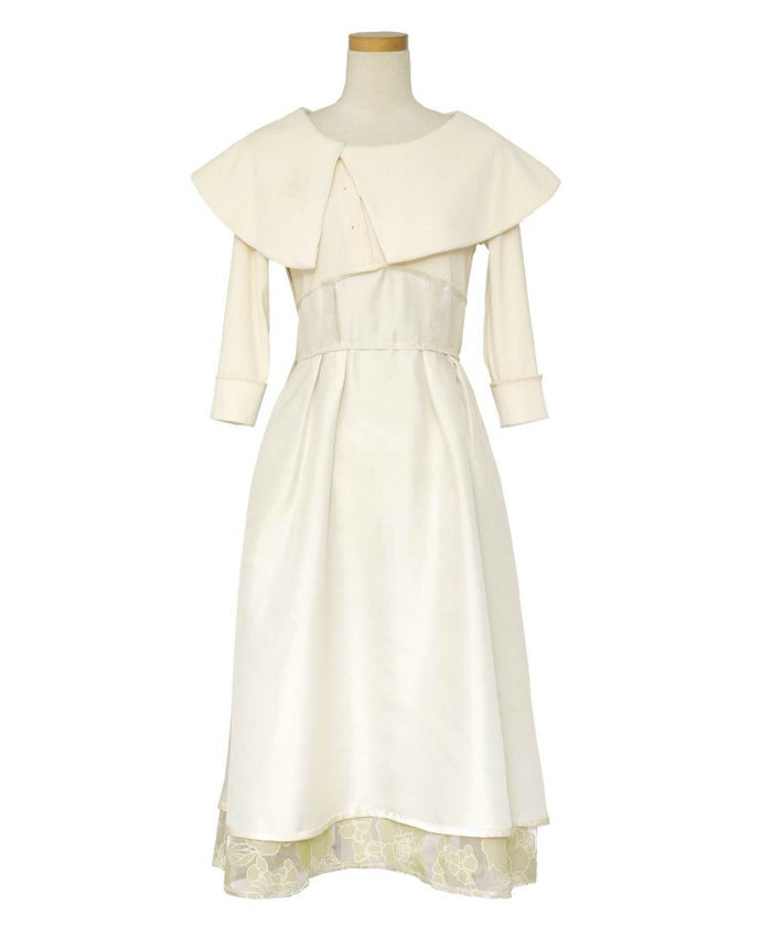 レディース/ワンピース/ビックカラー/着痩せ/マイナス5kgワンピ/レース/花柄/カットソー/異素材/ドッキング/7部袖/シアー/裏地付き/春/夏/秋/エレガント/上品/フェミニン/オフホワイト/ミント