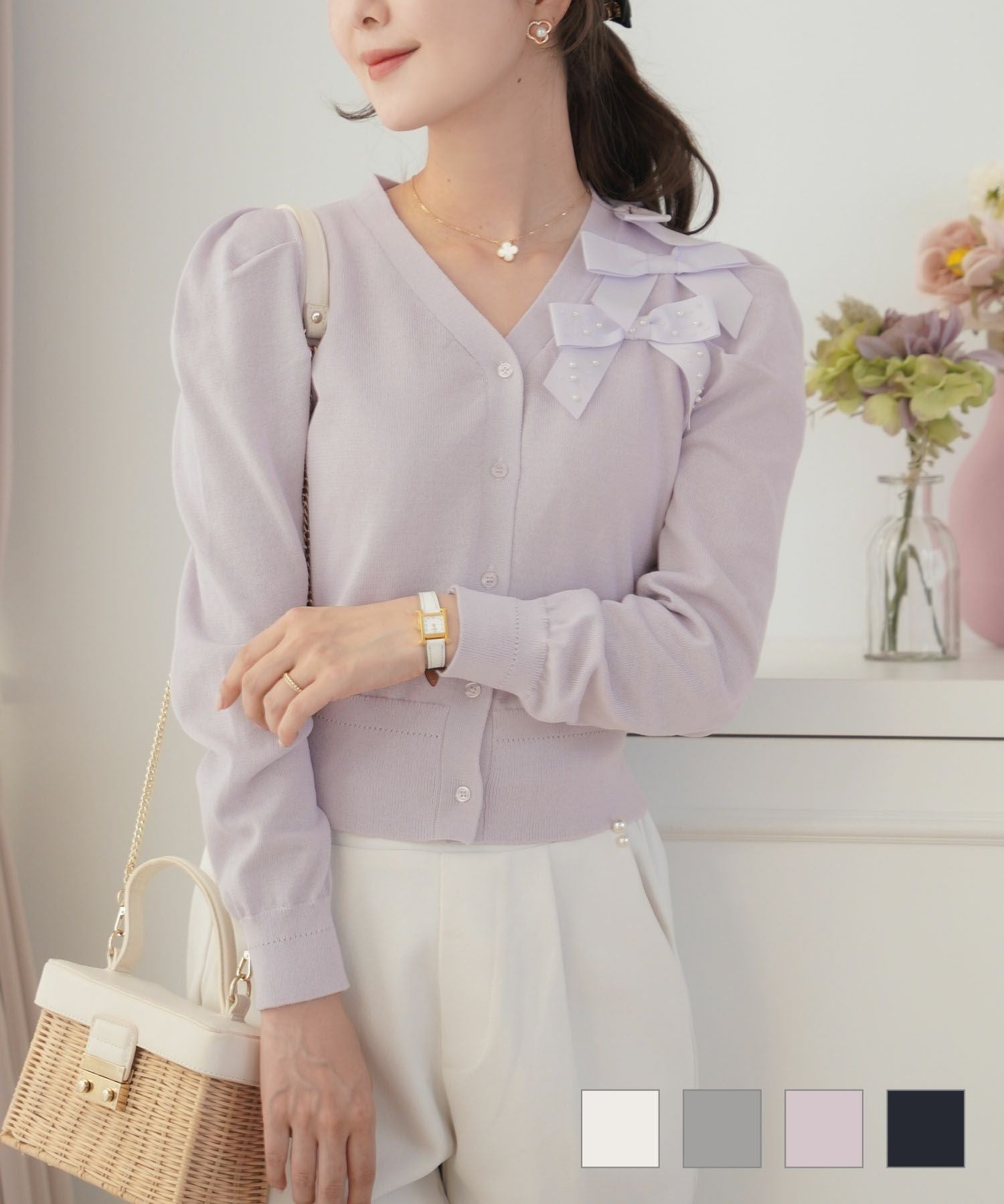 Rene ルネ 袖リボン ジップカーディガン Y-18606B