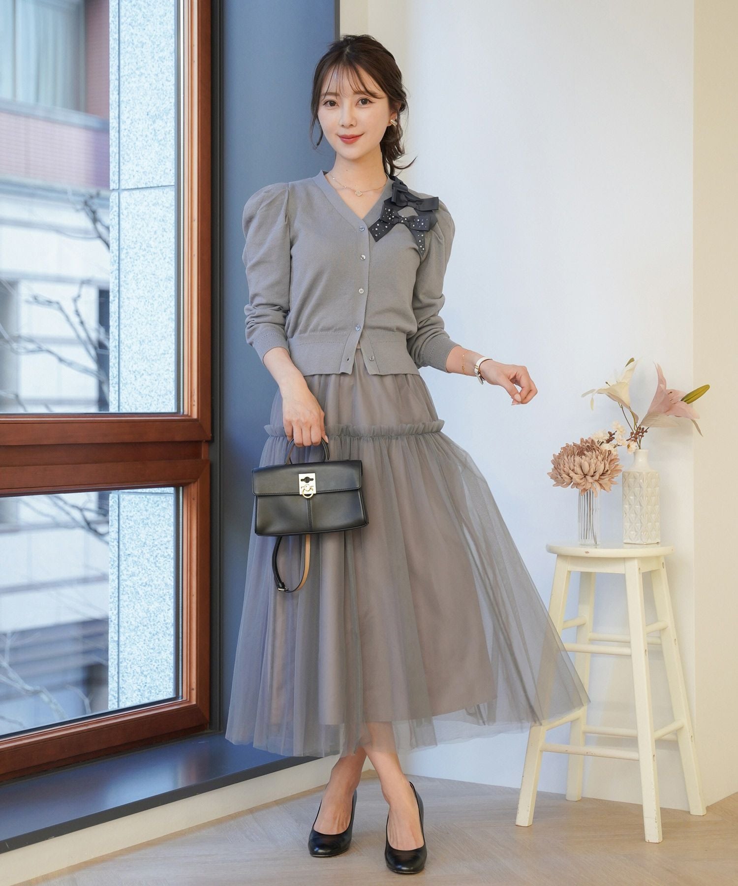 パール＆ビーズ 肩リボン カーディガン le reve vaniller 全4色