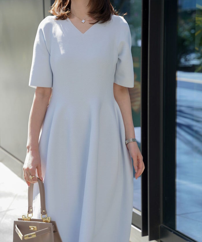 ワンピース/Vネック/ホールガーメント/ニット/ワンピース/ベージュ/サックス/ネイビー/ブラック/S/M