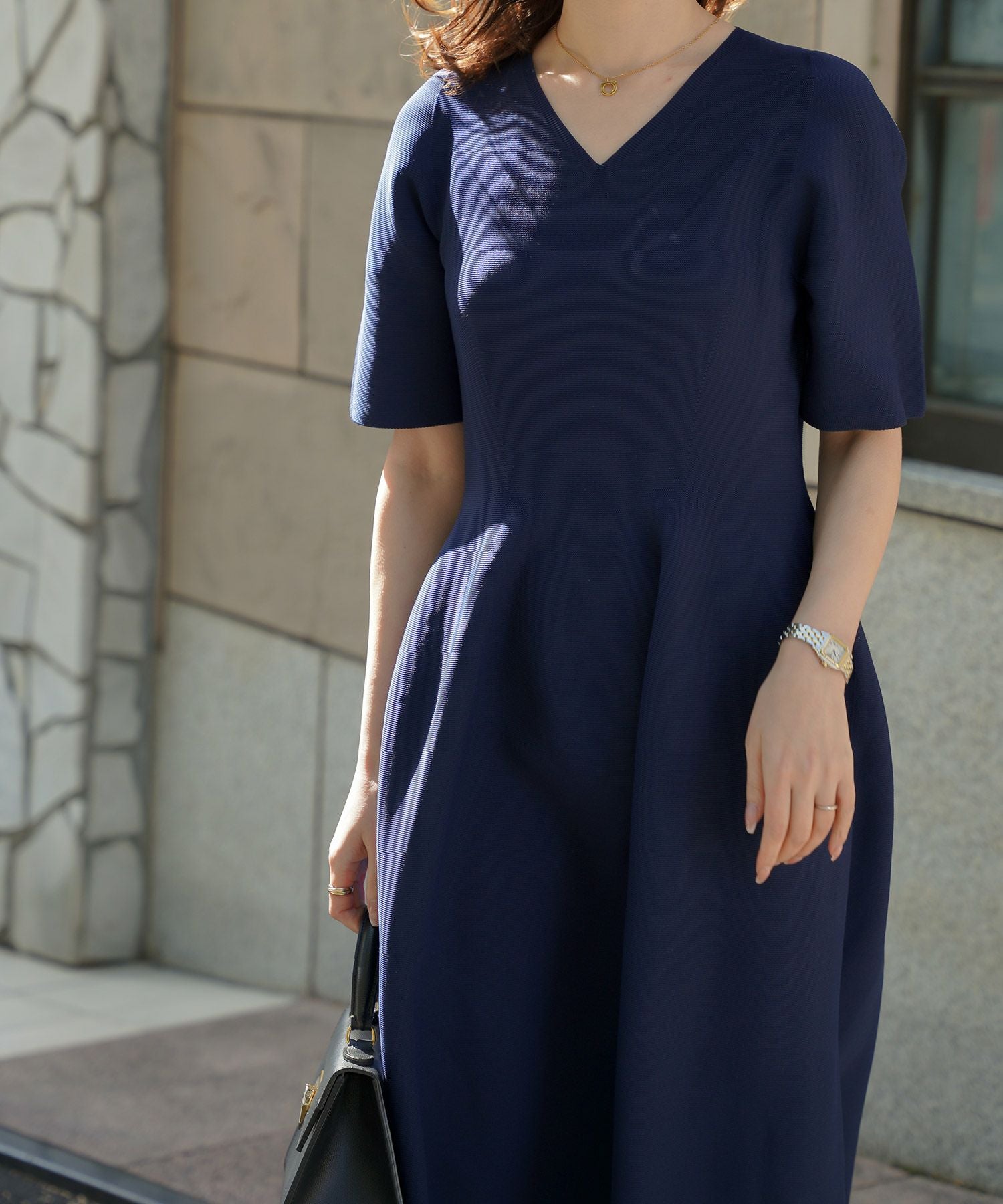 Vネック ホールガーメント ニット ワンピース HUIT 全4色｜hit321-0112