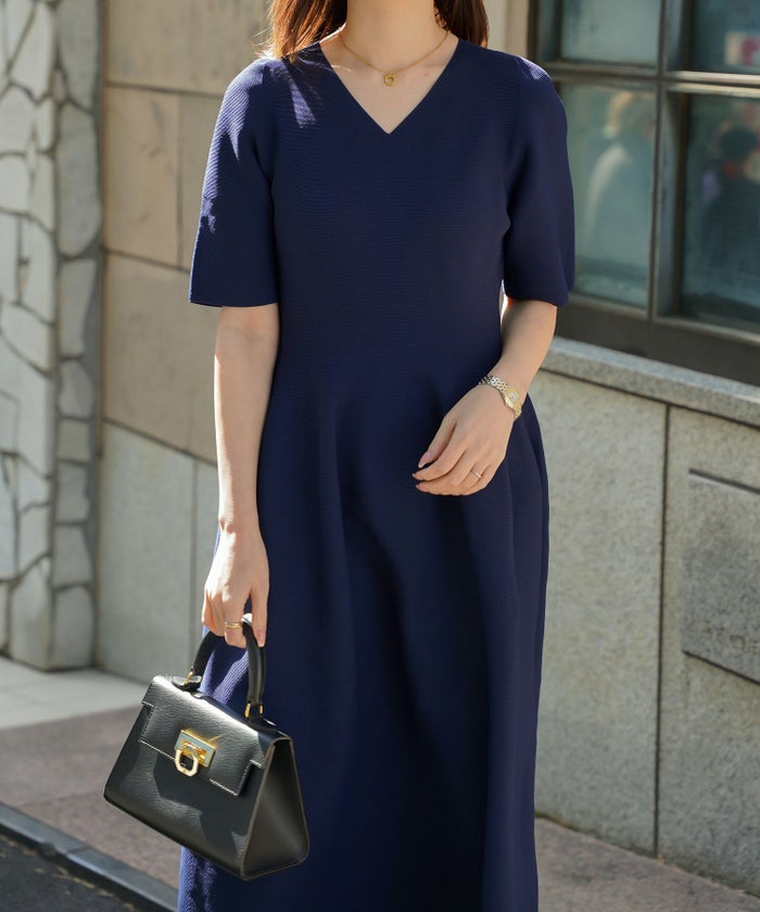 ワンピース/Vネック/ホールガーメント/ニット/ワンピース/ベージュ/サックス/ネイビー/ブラック/S/M