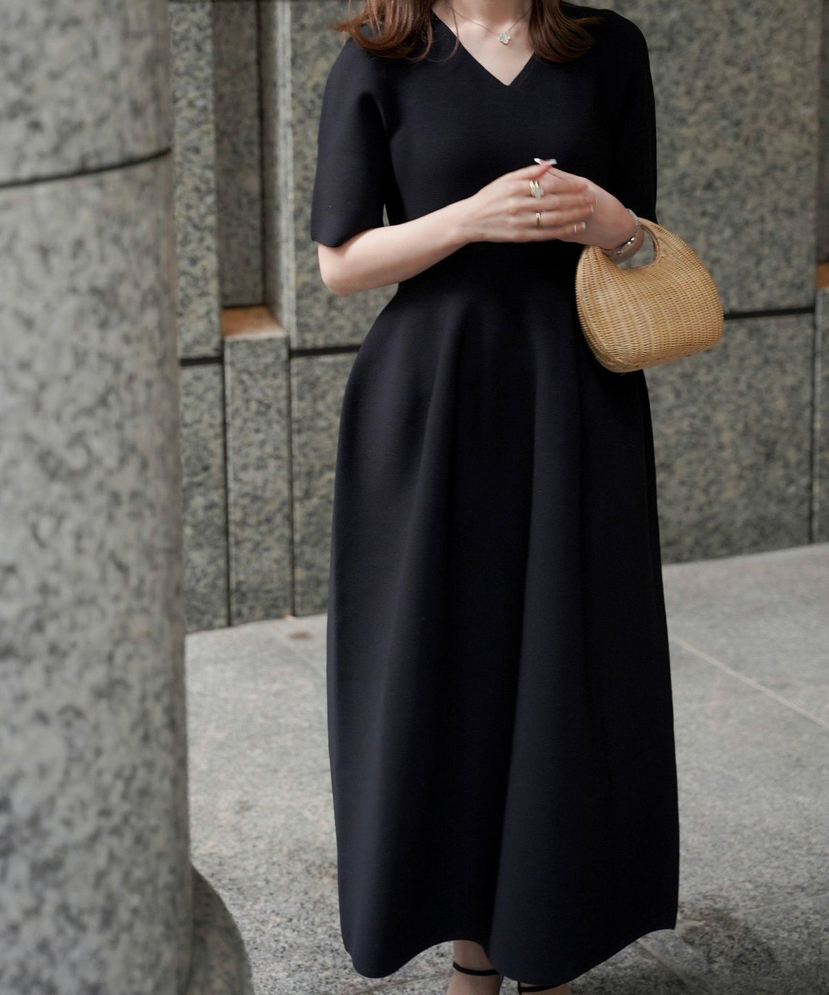 ワンピース/Vネック/ホールガーメント/ニット/ワンピース/ベージュ/サックス/ネイビー/ブラック/S/M