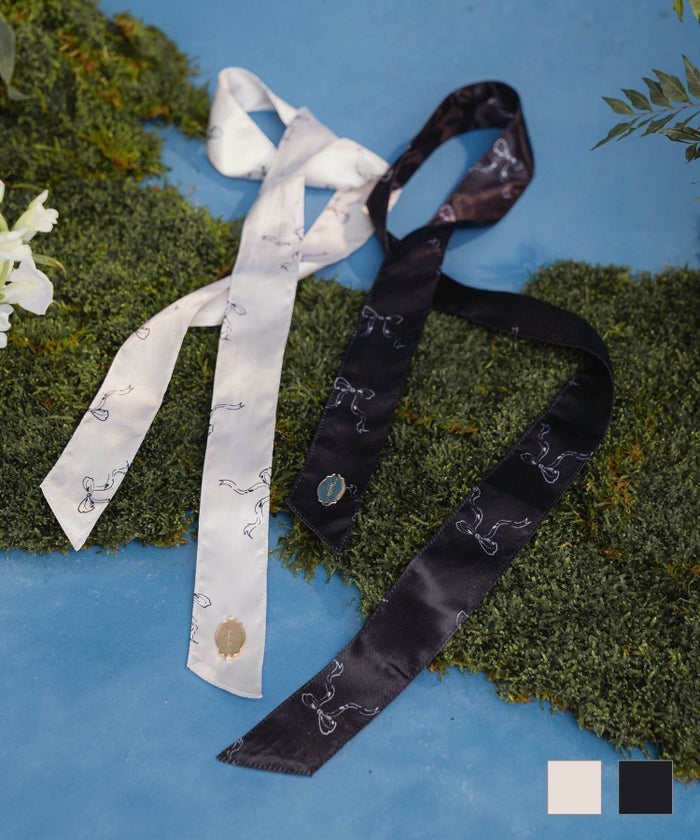 首 髪 バッグ アレンジ リボン ホワイト ブラック フリー オリジナル リボン プリント スカーフ miolite