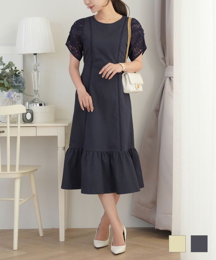 ワンピース 異素材 デニム レース 花柄 半袖 レース スリーブ デニム ワンピース le reve vaniller