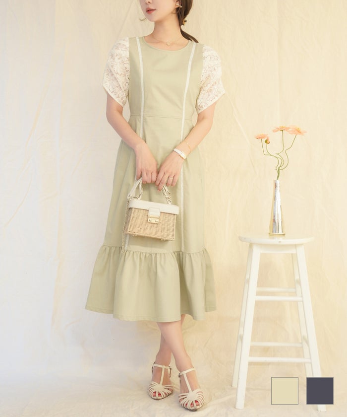 ワンピース 異素材 デニム レース 花柄 半袖 レース スリーブ デニム ワンピース le reve vaniller