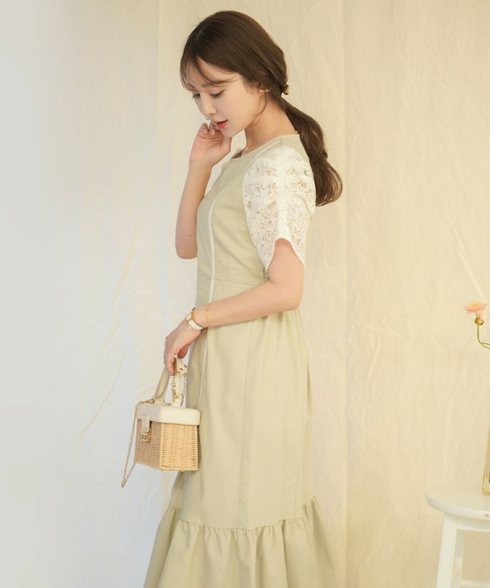 レディース/ワンピース/異素材/デニム/レース/花柄/半袖/タック/春/夏/秋/クリーム/ネイビー/上品/エレガント/キレイ/アフタヌーンティー/習い事/発表会/ママ