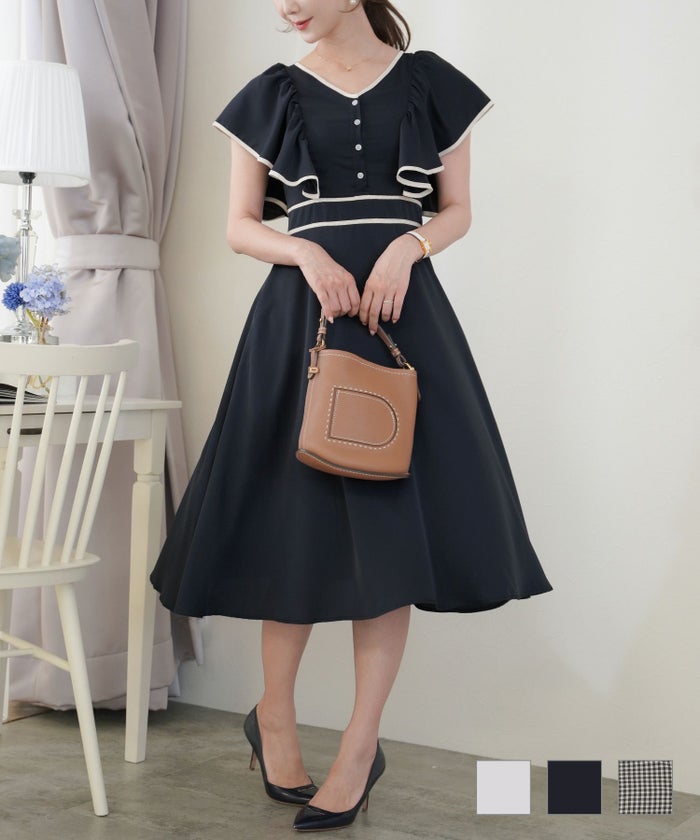 ワンピース フリル ギャザー 配色 パイピング ギンガム バックリボン バイカラー パイピング ワンピース le reve vaniller