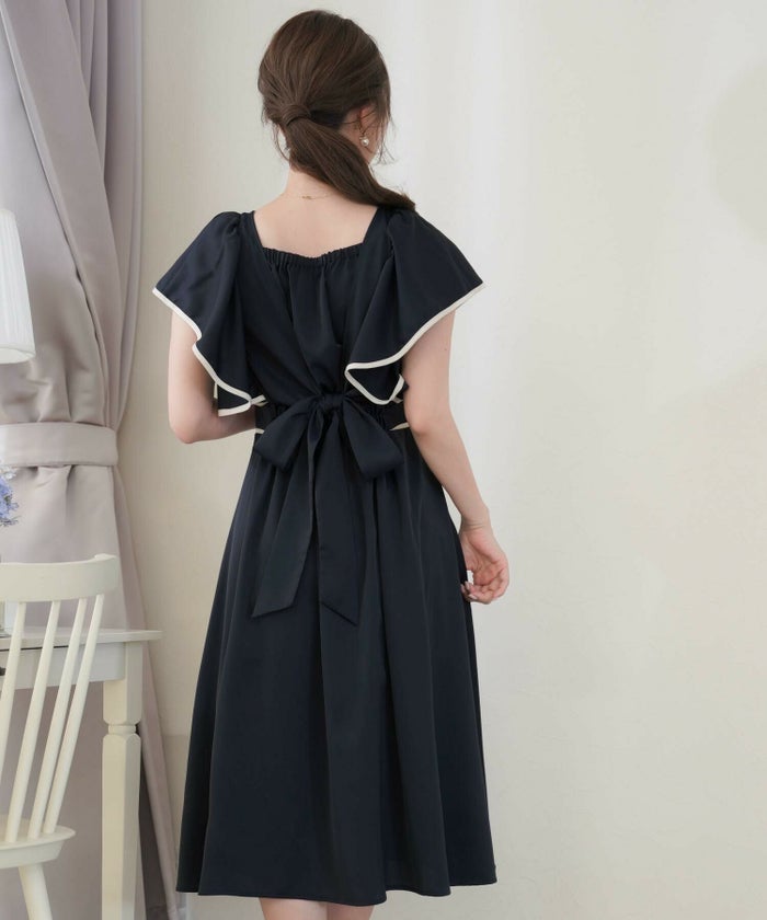 レディース/ワンピース/フリル/フレア/ギャザー/バイカラー/配色/パイピング/ギンガム/無地/前あき/授乳/低身長さん/ギンガムチェック柄/ブラック/ブルーグレー/ネイビー/フェミニン/上品/ガーリー/春/夏