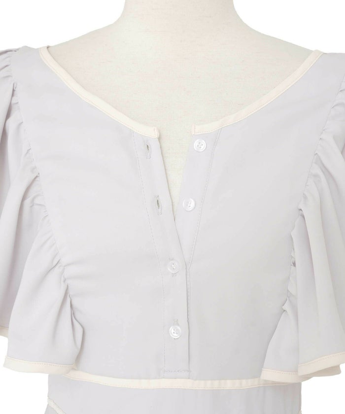 レディース/ワンピース/フリル/フレア/ギャザー/バイカラー/配色/パイピング/ギンガム/無地/前あき/授乳/低身長さん/ギンガムチェック柄/ブラック/ブルーグレー/ネイビー/フェミニン/上品/ガーリー/春/夏