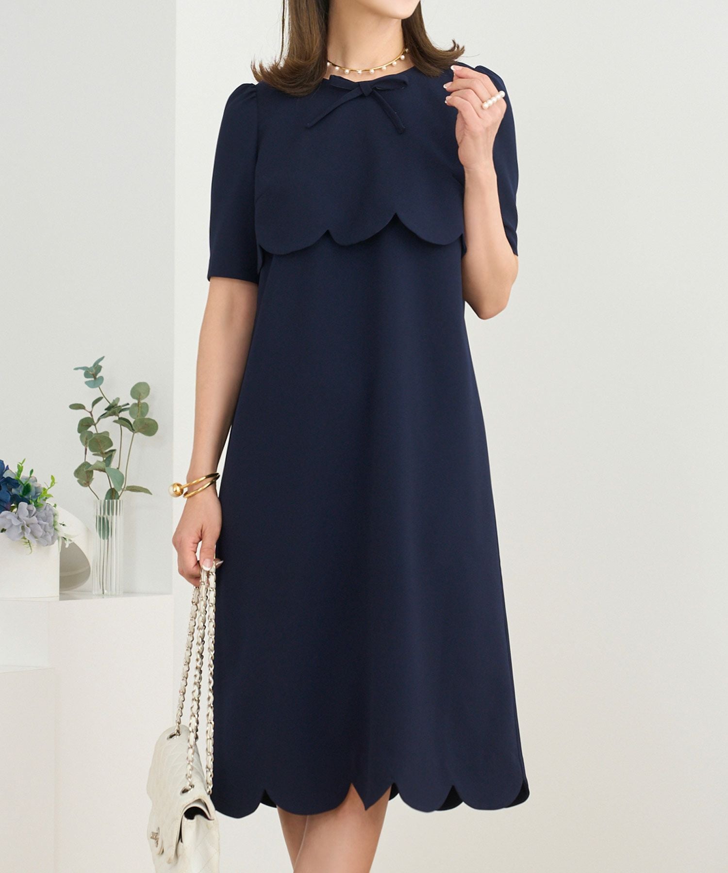 TIME-SALE リボン付 スカラップ ワンピース Prima Scherrer 全3色