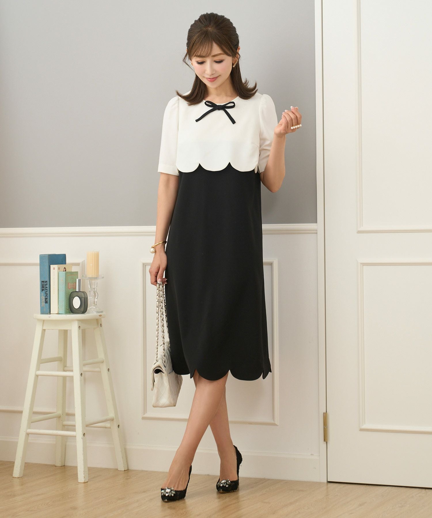 SPRING-SALE リボン付 スカラップ ワンピース Prima Scherrer 全3色