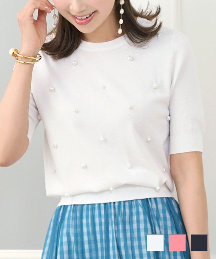 トップス ニット レディース かわいい おしゃれ 大人 上品 可愛い 半袖 春 夏 秋 手洗い 人気 服 ファッション ジョイントスペース パール付き サマーニット 半袖 Prima Scherrer