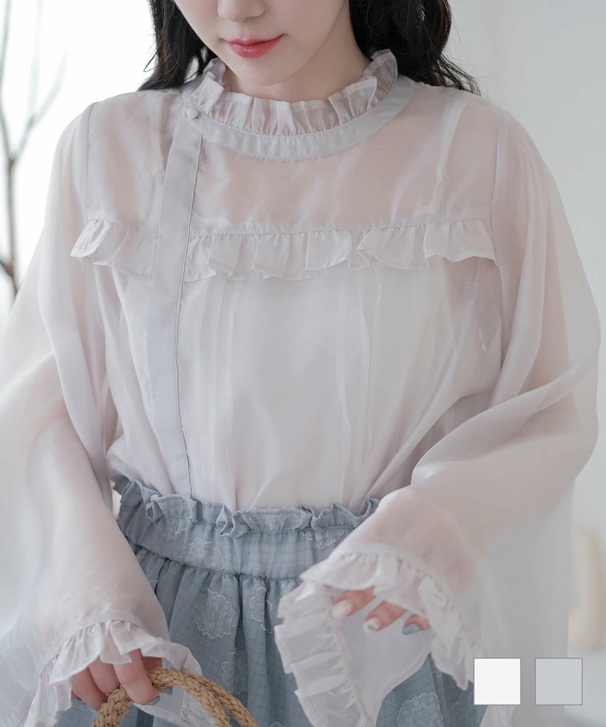 トップス スリット スリーブ シアー ブラウス ホワイト グレー M スリット スリーブ シアー ブラウス miolite