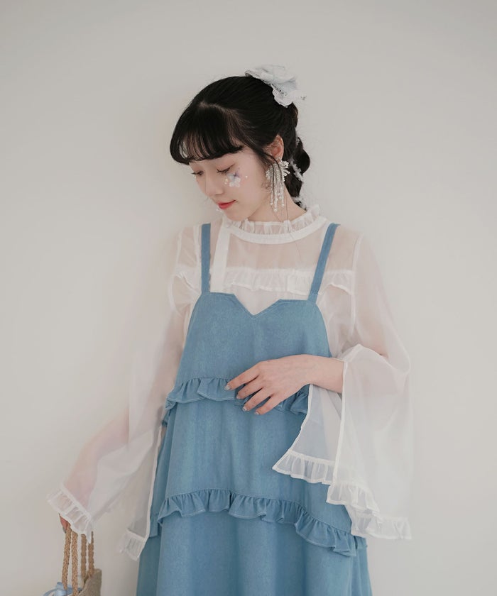 ブラウス/スリット/スリーブ/シアー/ブラウス/ホワイト/グレー/M