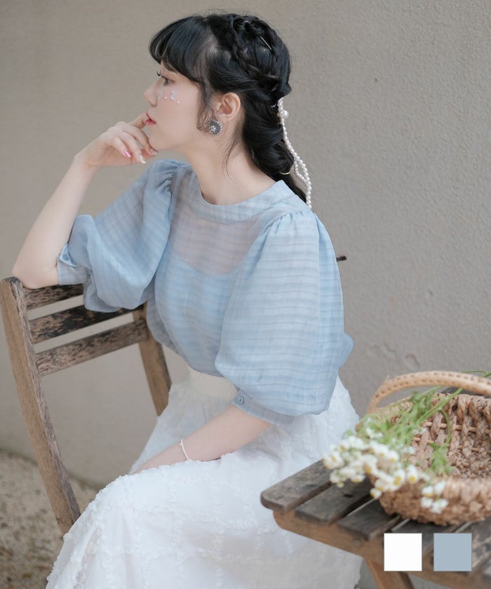 ブラウス インナー付き 2WAY シアーブラウス オフホワイト ブルー M インナー付き 2WAY シアーブラウス miolite