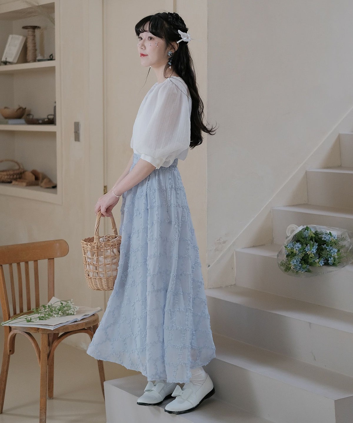 ブラウス/インナー付き/2WAY/シアーブラウス/オフホワイト/ブルー/M