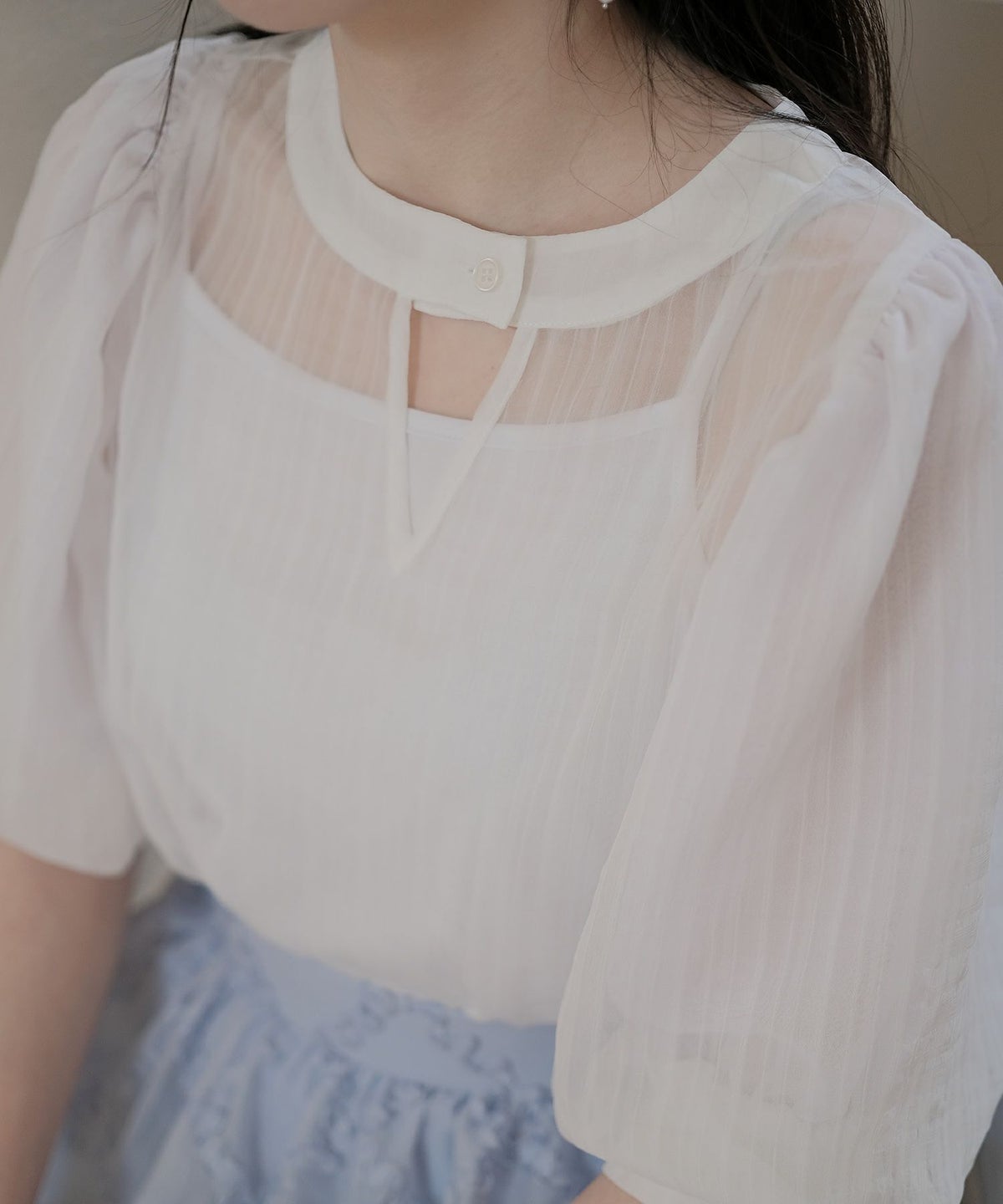 ブラウス/インナー付き/2WAY/シアーブラウス/オフホワイト/ブルー/M