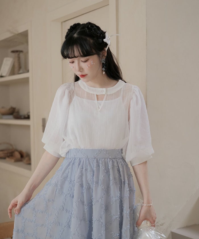 ブラウス/インナー付き/2WAY/シアーブラウス/オフホワイト/ブルー/M