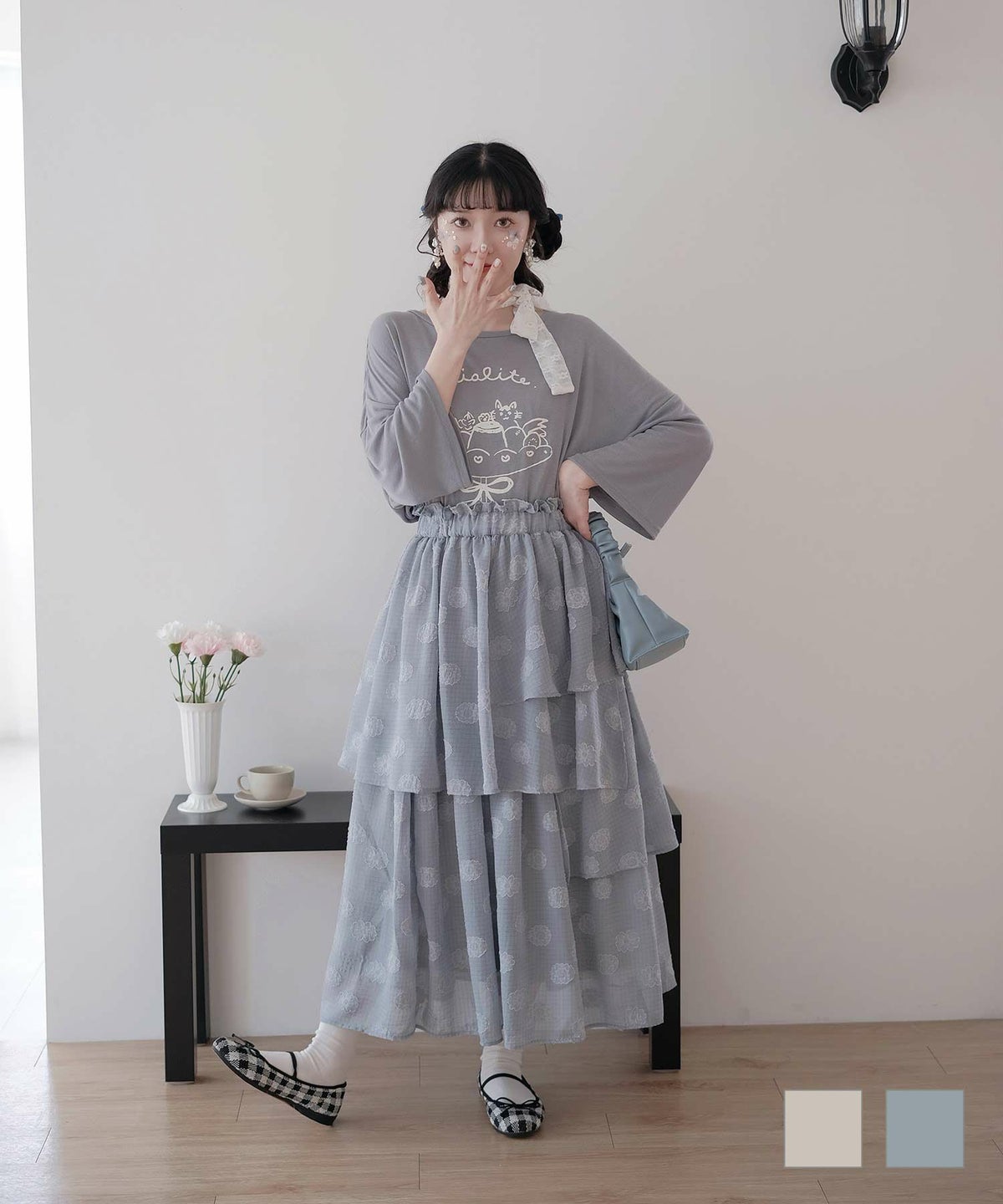 スカート フリル ティアード スカート アイボリー グリーン M フローラル フリル ティアード スカート miolite