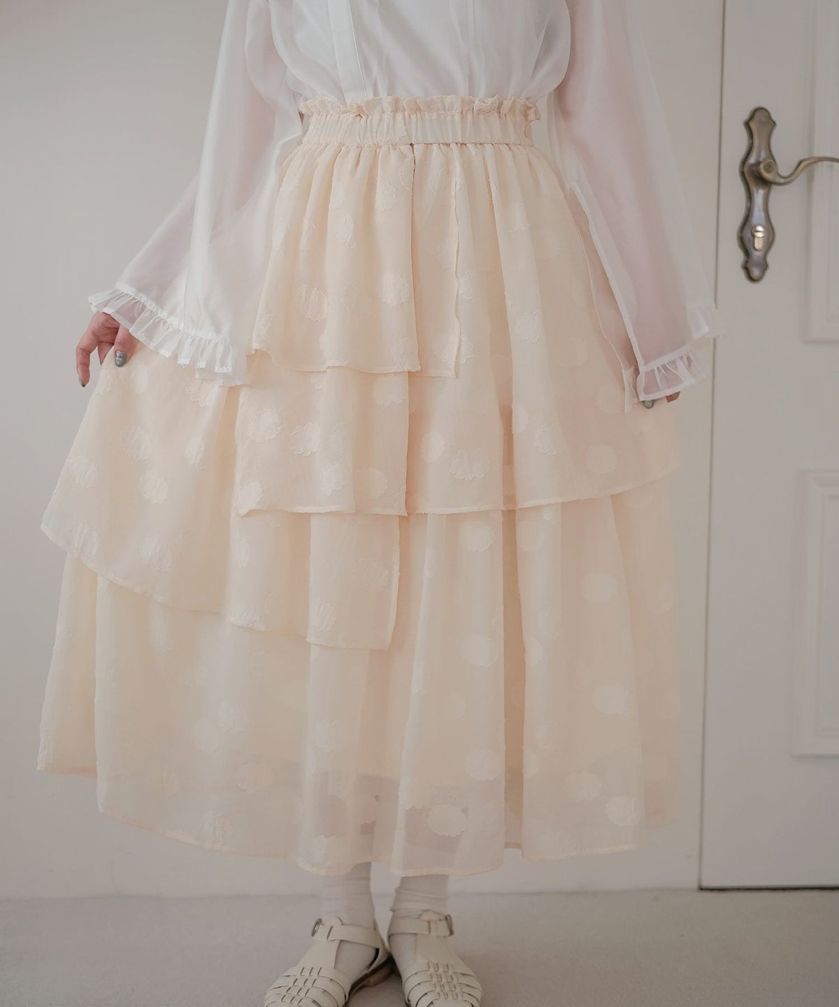 スカート/フリル/ティアード/スカート/アイボリー/グリーン/M