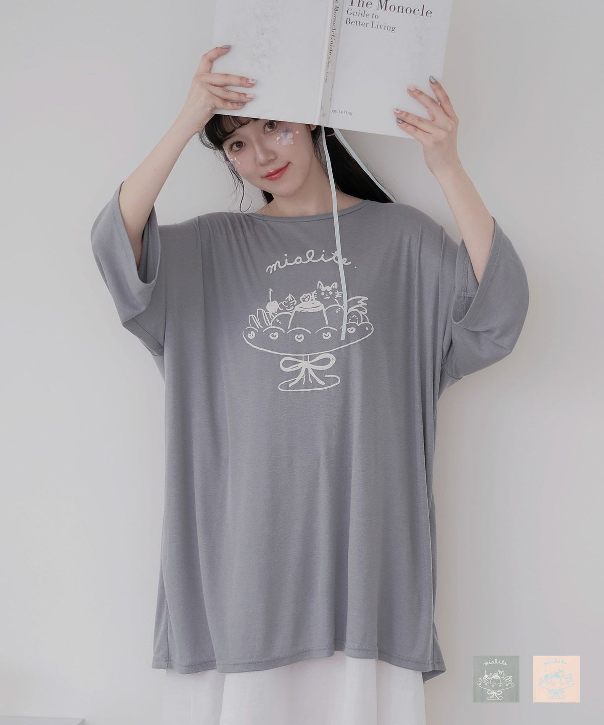 レディース ファッション カットソー Tシャツ プリント オーバーサイズ トップス 半袖 ピンク グレー M 「ミオライト サンデー」イラスト プリント ビッグT  miolite