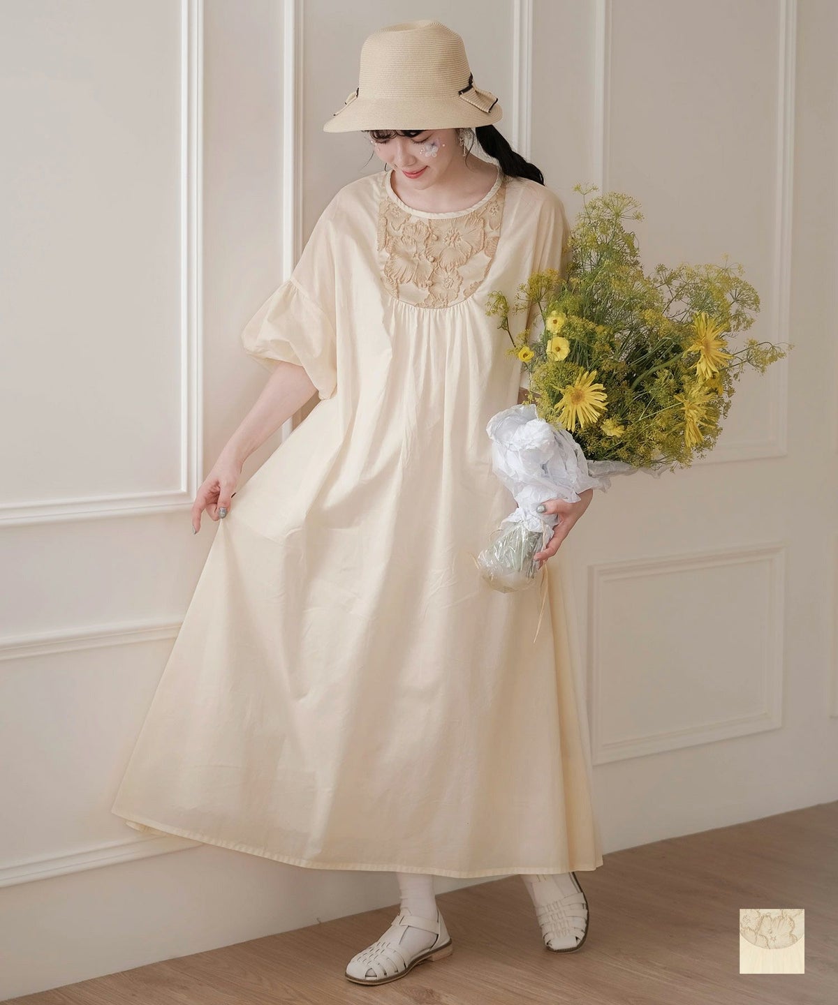 レディース ファッション ワンピース フレア ギャザー ぺチスカート アイボリー M 通販 花柄切り替え Aライン ワンピース miolite