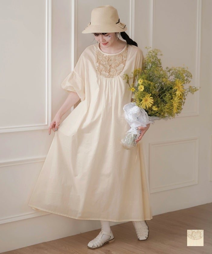 レディース ファッション ワンピース フレア ギャザー ぺチスカート アイボリー M 通販 花柄切り替え Aライン ワンピース miolite