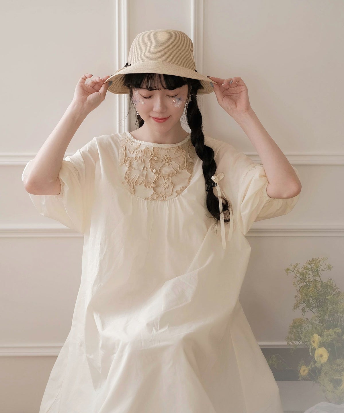 ワンピース/フリンジ/ギャザー/フレア/ぺチスカート/アイボリー/M