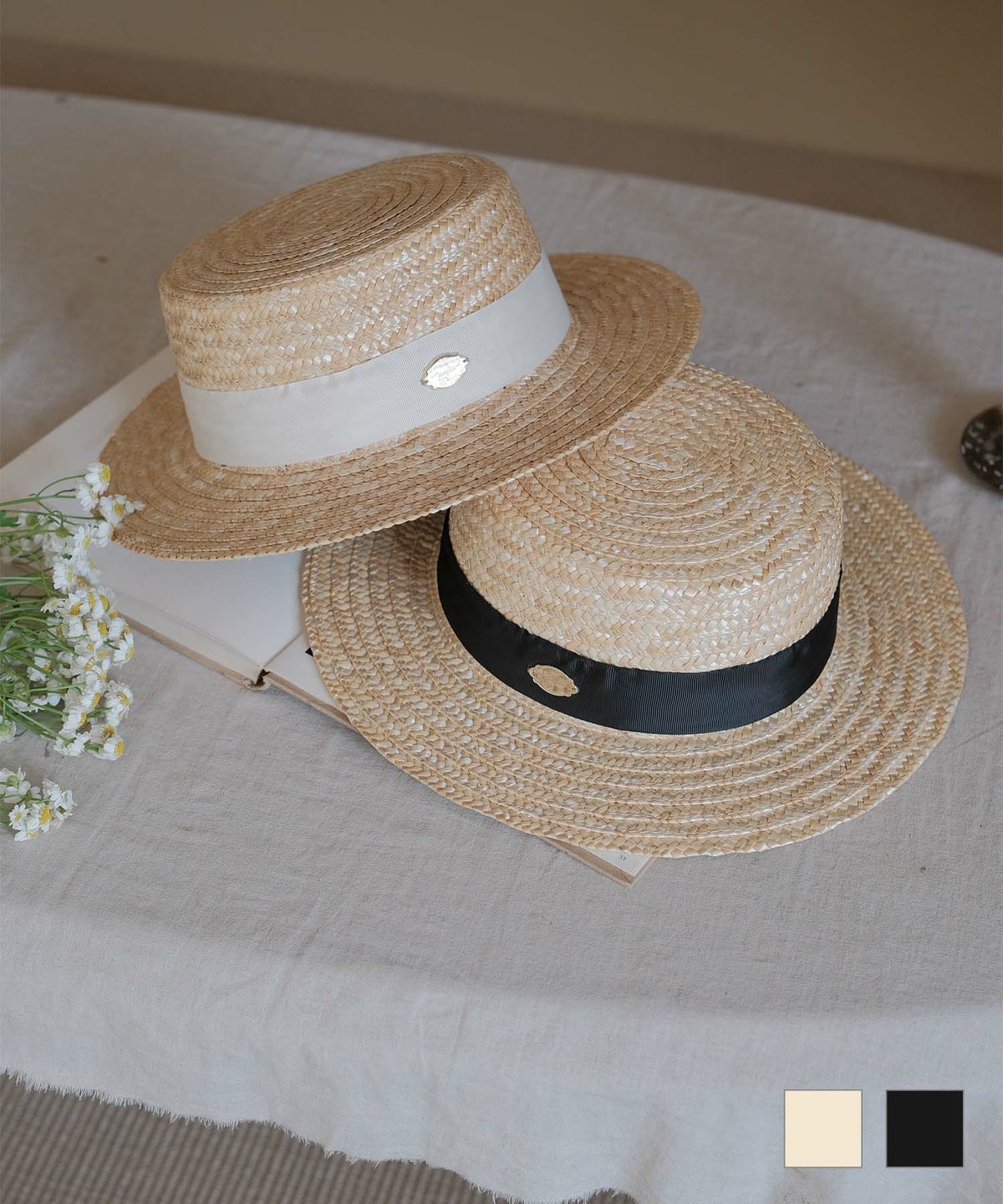 ハット チャーム付き ナチュラル ボーダー ハット ベージュリボン ブラックリボン フリー チャーム付き ナチュラル ボーダー ハット miolite