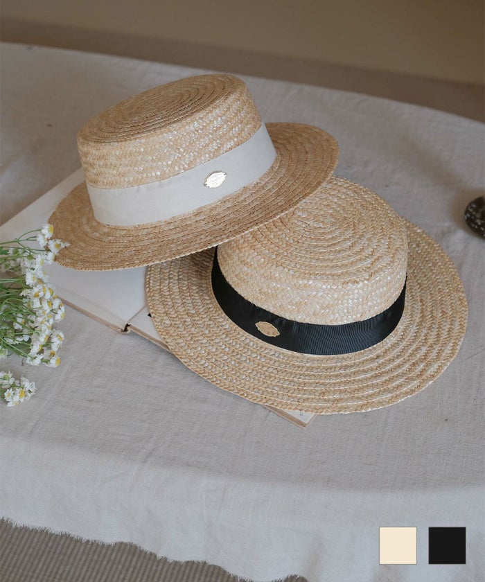 ハット チャーム付き ナチュラル ボーダー ハット ベージュリボン ブラックリボン フリー チャーム付き ナチュラル ボーダー ハット miolite