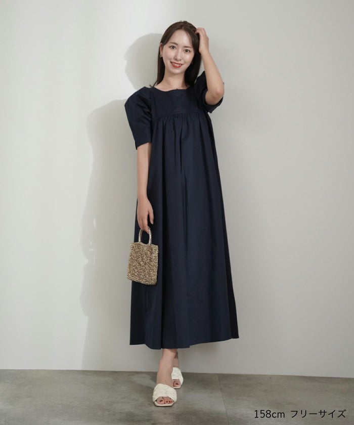 ワンピース/タイプライター ギャザー/フレアー/ワンピース/ホワイト/ベージュ/ネイビー/フリー