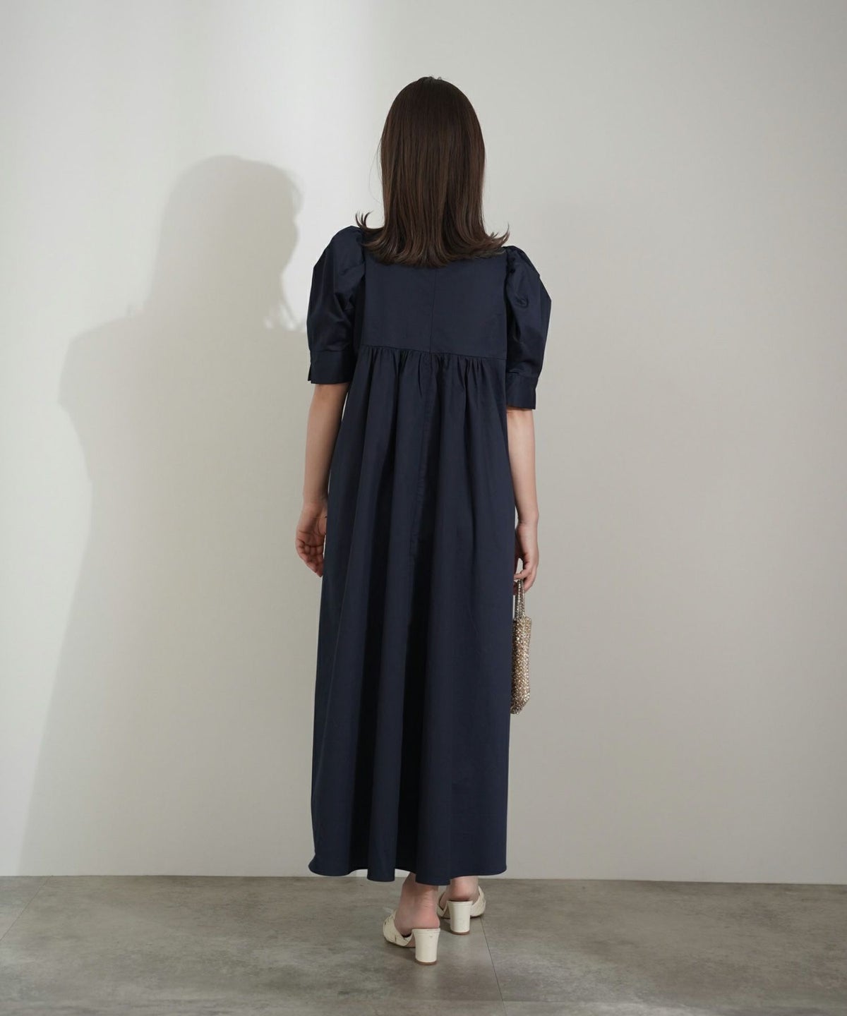 ワンピース/タイプライター ギャザー/フレアー/ワンピース/ホワイト/ベージュ/ネイビー/フリー