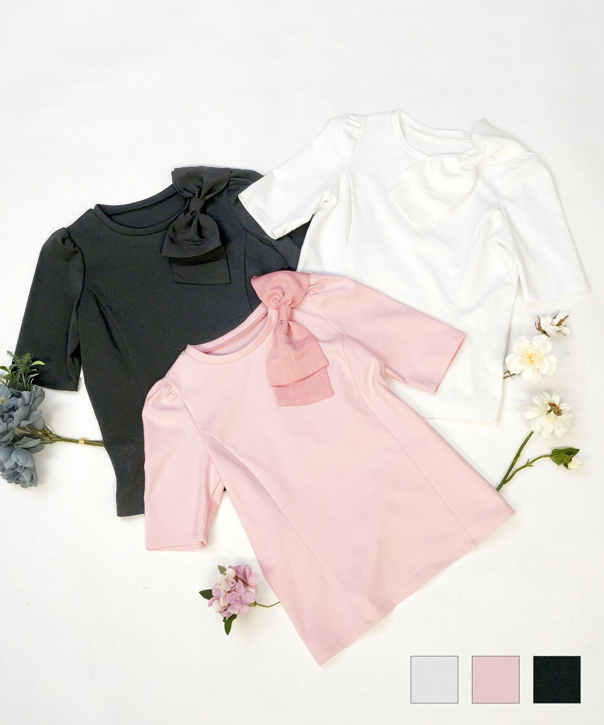 カットソー レディース 服 おしゃれ 白 黒 半袖 無地 cutsew 薄手 オフィス かわいい 可愛い きれいめ 春 夏 秋 ストレッチ ジョイントスペース BIGリボンコンビ カットソー 5分袖 Prima Scherrer