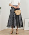 セレクト/スカートボリューム春夏秋ロング長いエレガントおしゃれかわいい黒柄チェック大人二重ジョイントスペース