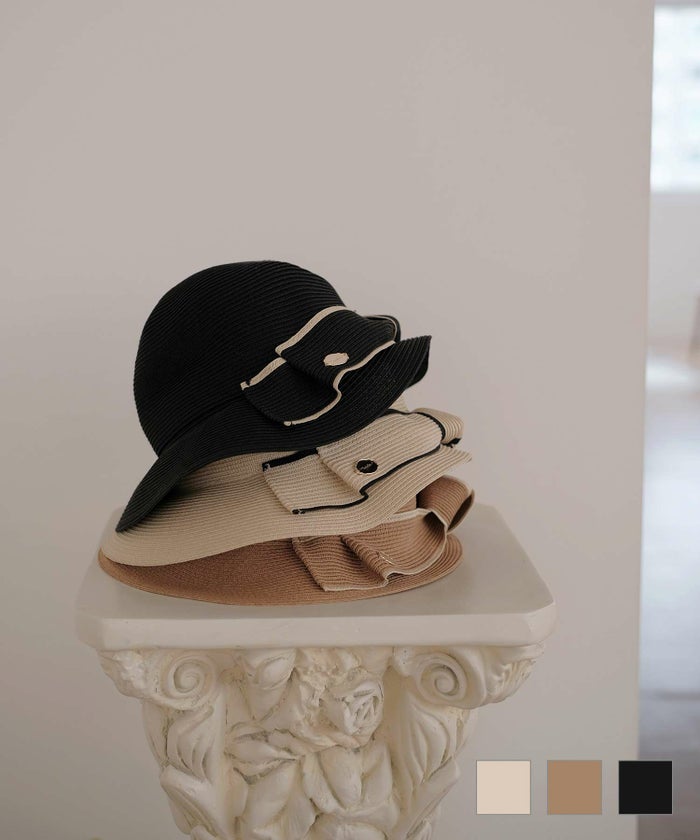 ハット ペーパー リボン クロシェハット エクリュ ベージュ ブラック フリー ぺーパー ベルリボン ハット miolite