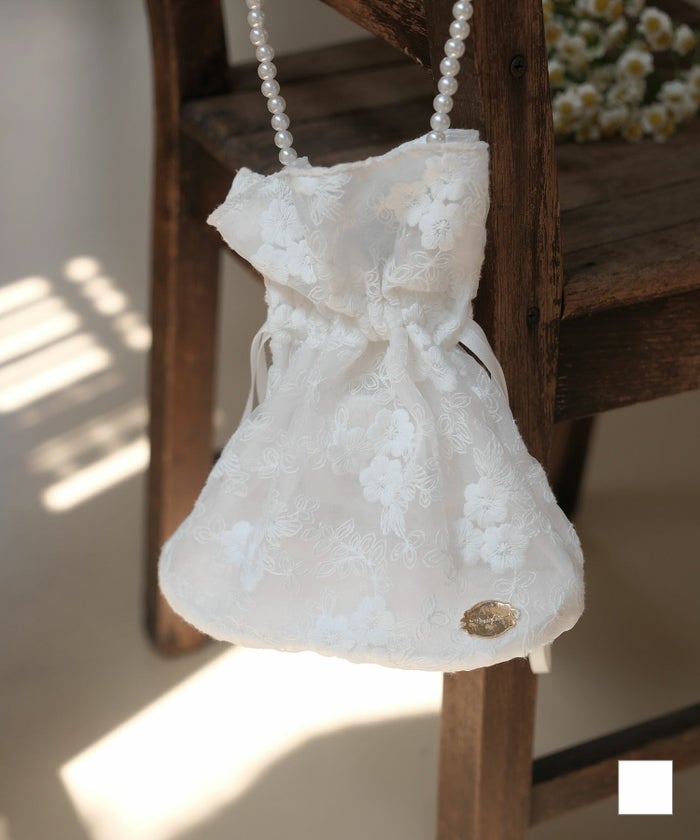 トップス チュールリボン キャミ ビスチェ グレー ベージュ M パールチェーン 刺しゅう レース 巾着 バッグ miolite