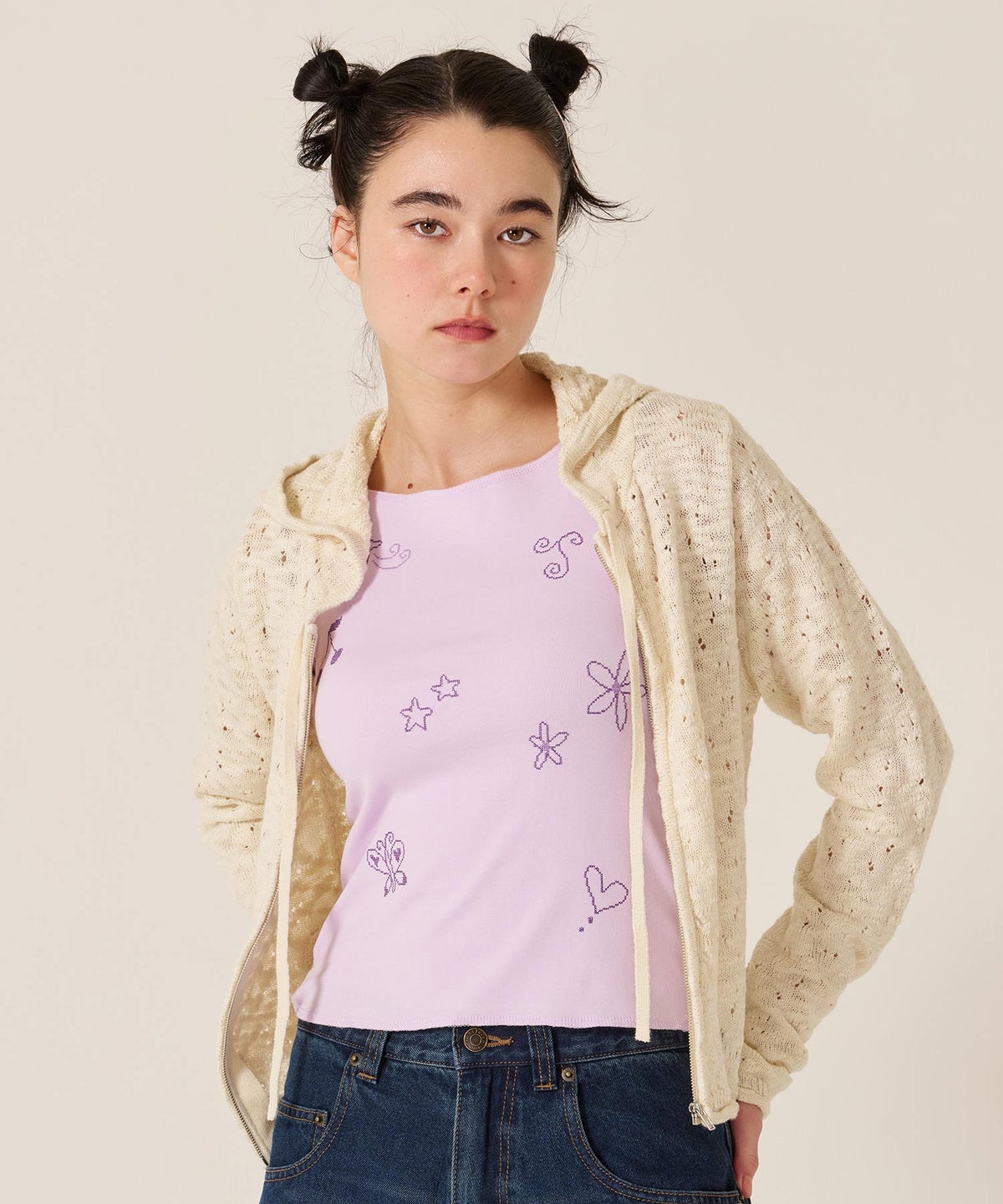 ニット/パーカー/ダメージライク/カジュアル/ベージュ/チャコール