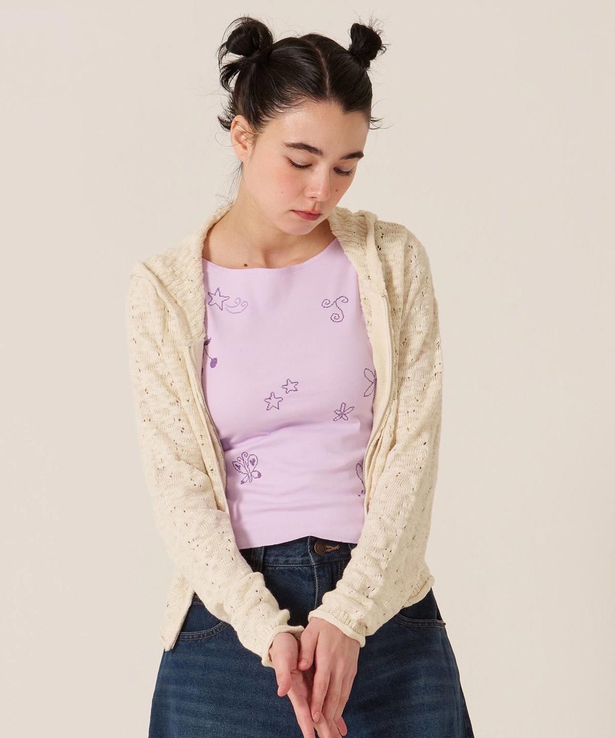 ニット/パーカー/ダメージライク/カジュアル/ベージュ/チャコール